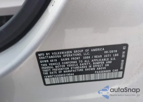 2017 Volkswagen Passat 1.8T Se z USA, uszkodzony, nr VIN 1VWBT7A32HC019044